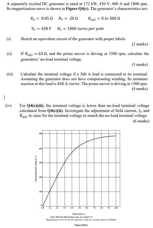 A Separately Excited Dc Generator Is Rated At 172 Kw 430 V 400 A And 1800rpm Its Magnetization Curve Is Shown In Figure 1