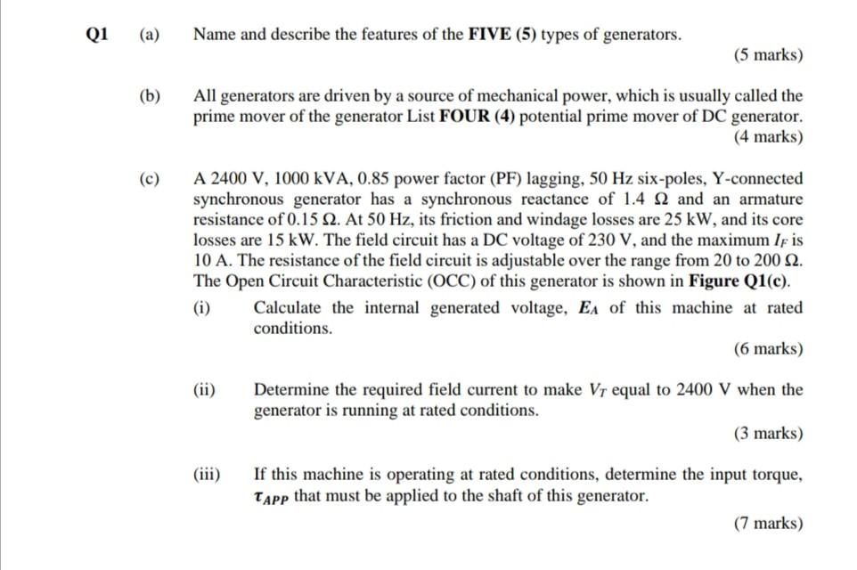 A Name And Describe The Features Of The Five 5 Types Of Generators 5 Marks B All Generators Are Driven By A Sou 1