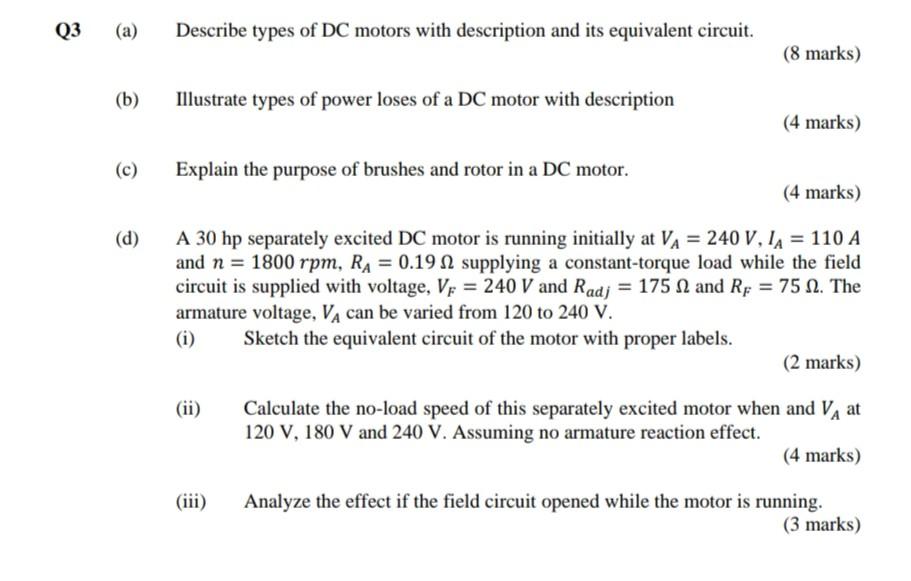 A Describe Types Of Dc Motors With Description And Its Equivalent Circuit 8 Marks B Illustrate Types Of Power Los 1