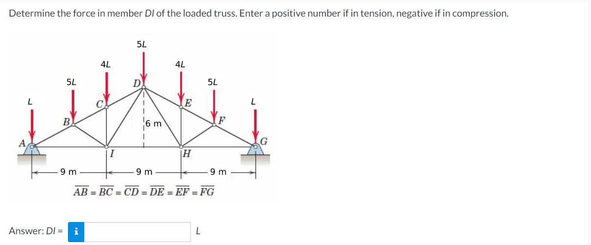 Determine The Force In Member Di Of The Loaded Truss Enter A Positive Number If In Tension Negative If In Compression 1