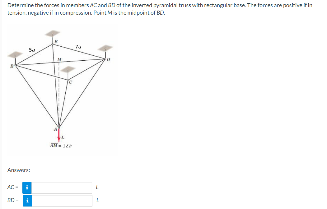 Determine The Forces In Members Ac And Bd Of The Inverted Pyramidal Truss With Rectangular Base The Forces Are Positive 1