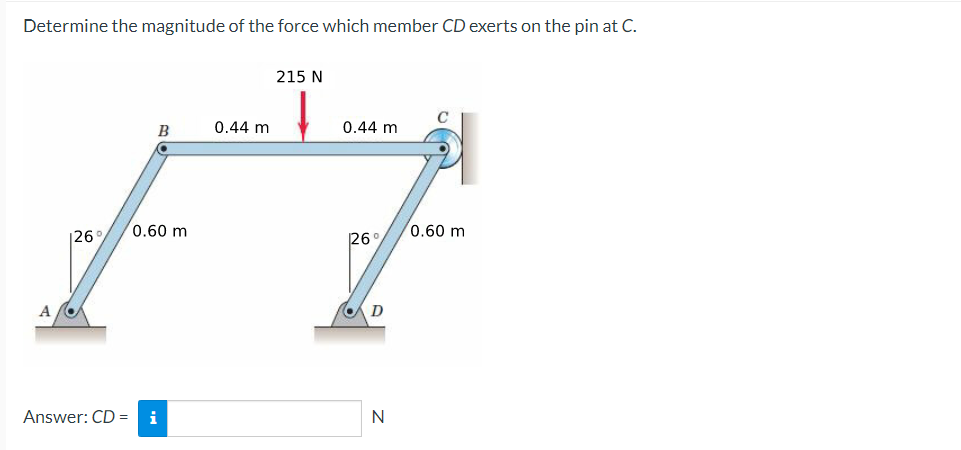 Determine The Magnitude Of The Force Which Member Cd Exerts On The Pin At C A 126 B 0 60 M Answer Cd I 0 44 M 215 N 1