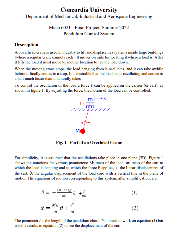 Concordia University Department Of Mechanical Industrial And Aerospace Engineering Mech 6021 Final Project Summer 20 1