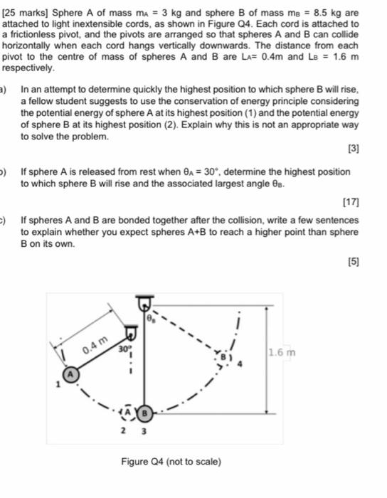 25 Marks Sphere A Of Mass Ma 3 Kg And Sphere B Of Mass Me 8 5 Kg Are Attached To Light Inextensible Cords As Show 1