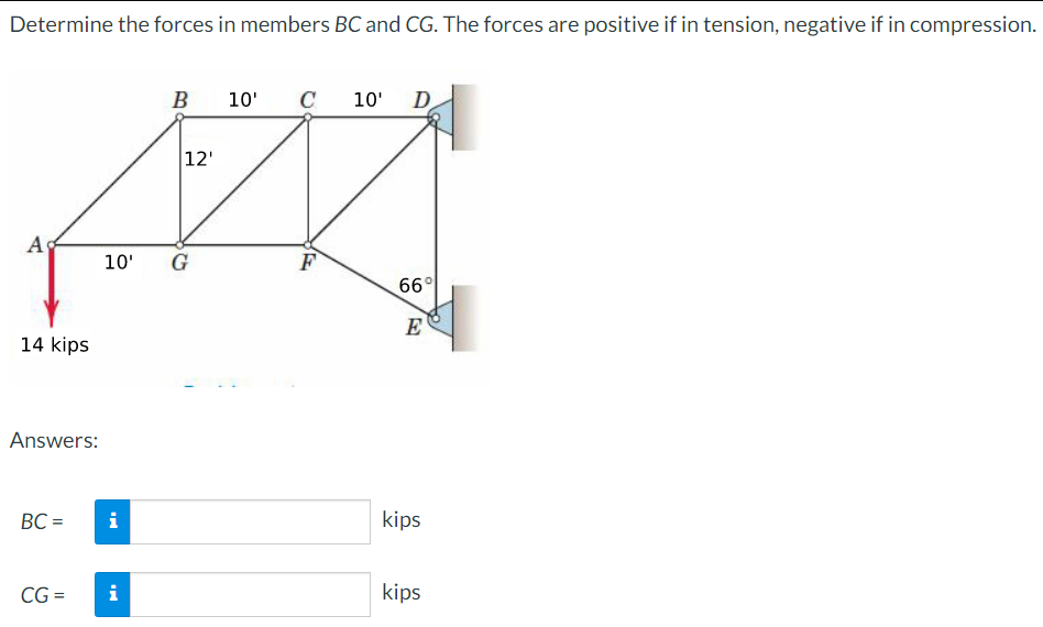 Determine The Forces In Members Bc And Cg The Forces Are Positive If In Tension Negative If In Compression Ag 14 Kips 1