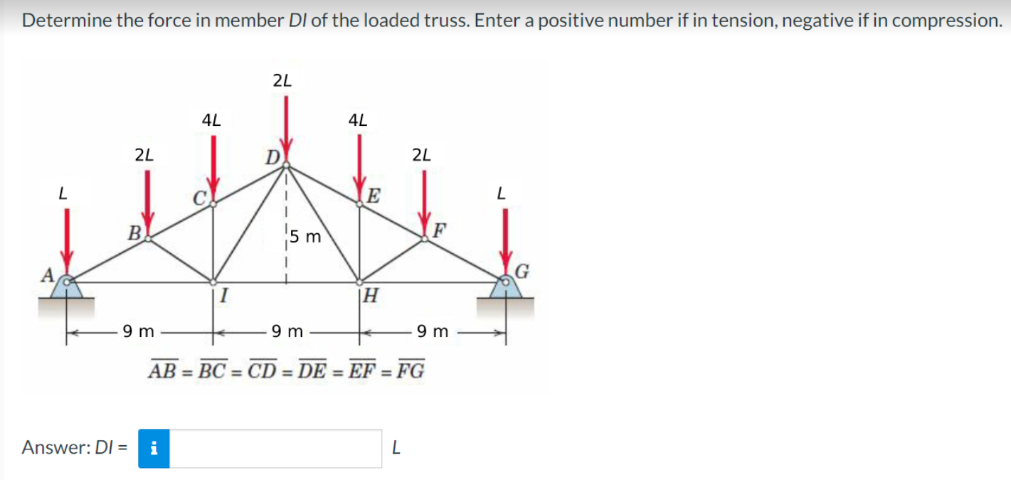 Determine The Force In Member Di Of The Loaded Truss Enter A Positive Number If In Tension Negative If In Compression 1