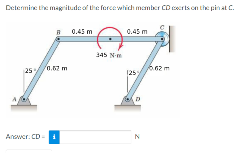 Determine The Magnitude Of The Force Which Member Cd Exerts On The Pin At C A 25 B 0 62 M Answer Cd I 0 45 M 345 N 1