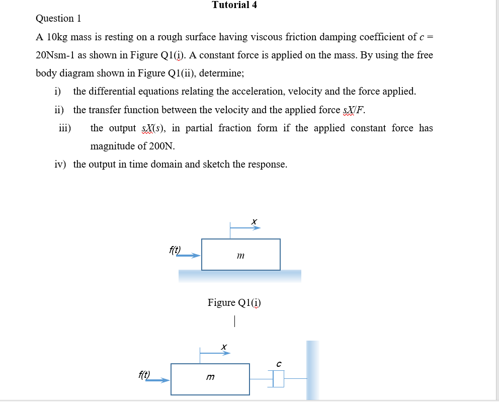 Question 1 A 10kg Mass Is Resting On A Rough Surface Having Viscous Friction Damping Coefficient Of C 20nsm 1 As Shown 1