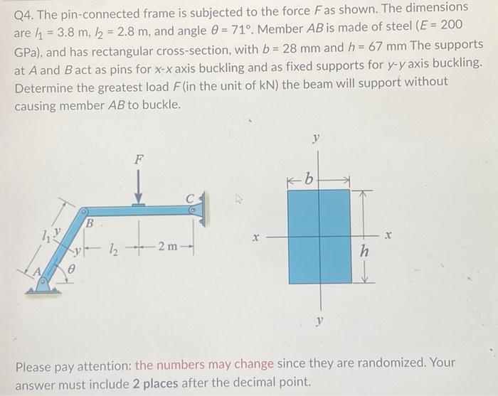 Q4 The Pin Connected Frame Is Subjected To The Force Fas Shown The Dimensions Are 3 8 M 2 2 8 M And Angle 0 1