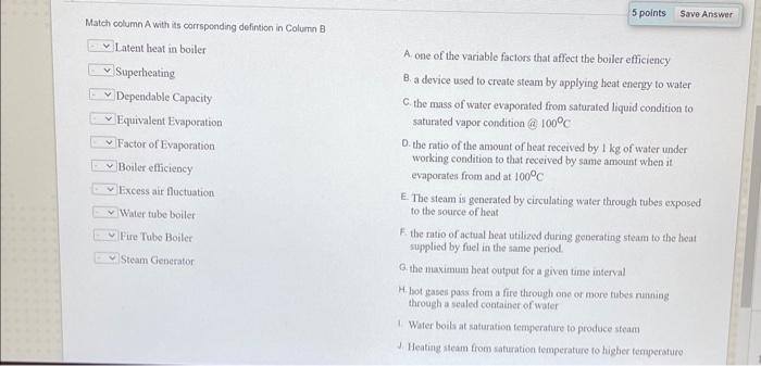 Match Column A With Its Corrsponding Defintion In Column B Latent Heat In Boiler Superheating Dependable Capacity Equiv 1