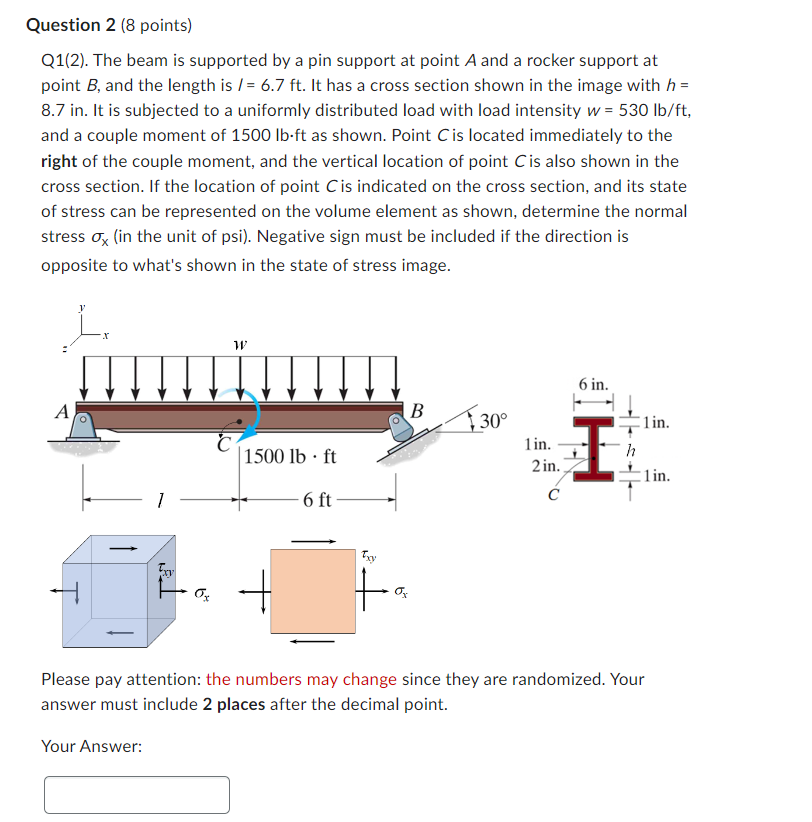 Question 2 8 Points Q1 2 The Beam Is Supported By A Pin Support At Point A And A Rocker Support At Point B And The 1
