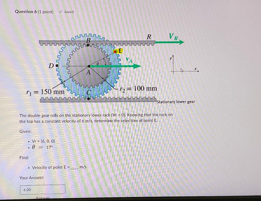 Question 6 1 Point Saved R 150 Mm Given D Vr 6 0 0 0 17 Find Velocity Of Point E Your Answer 1