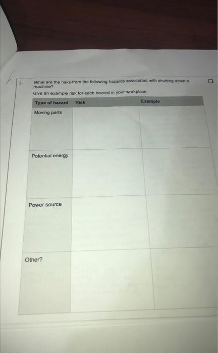 3 What Are The Risks From The Following Hazards Associated With Shutting Down A Machine Give An Example Risk For Each 1