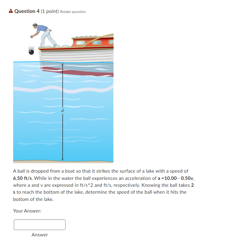 A Question 4 1 Point Retake Question A Ball Is Dropped From A Boat So That It Strikes The Surface Of A Lake With A Spe 1