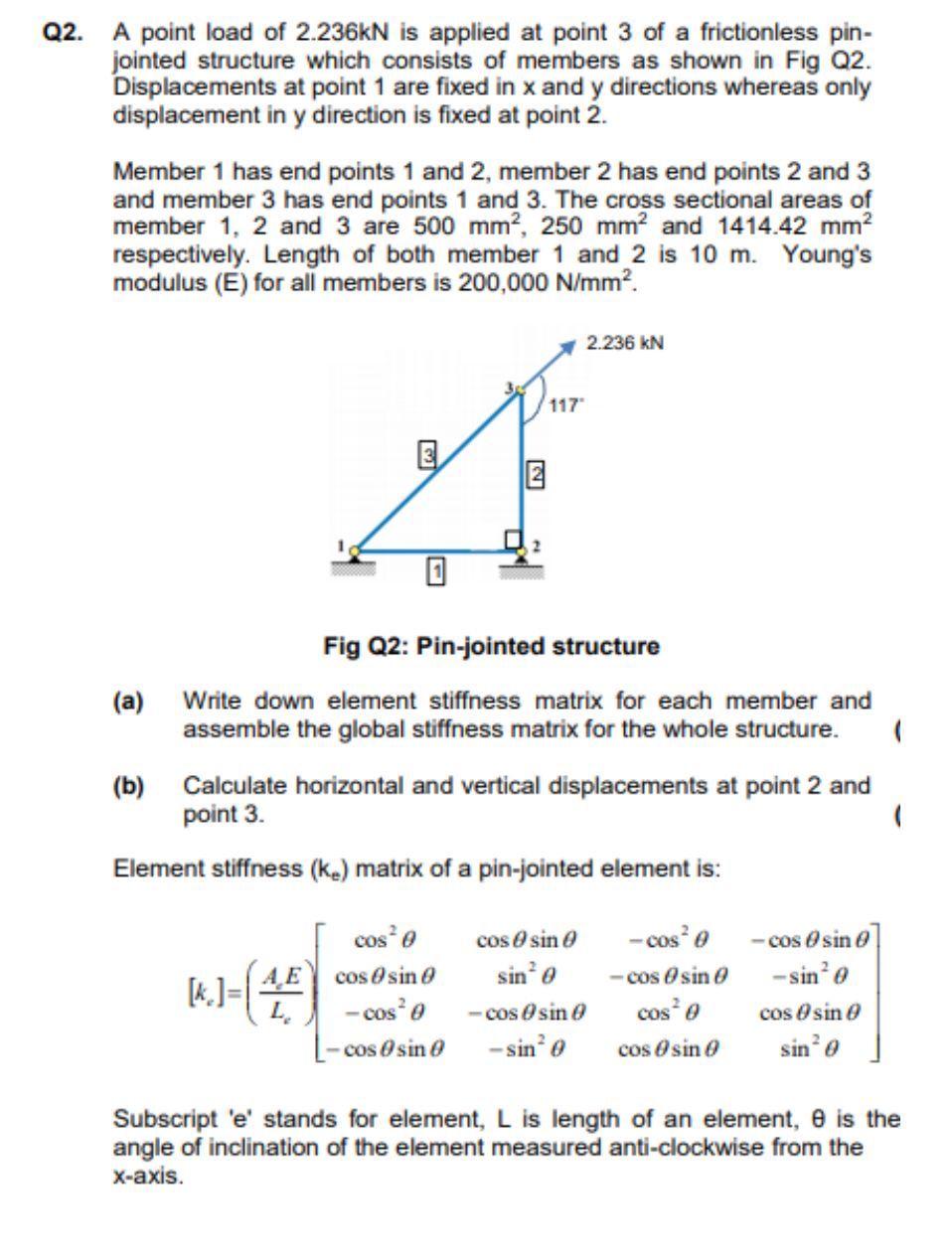 Q2 A Point Load Of 2 236kn Is Applied At Point 3 Of A Frictionless Pin Jointed Structure Which Consists Of Members As 1