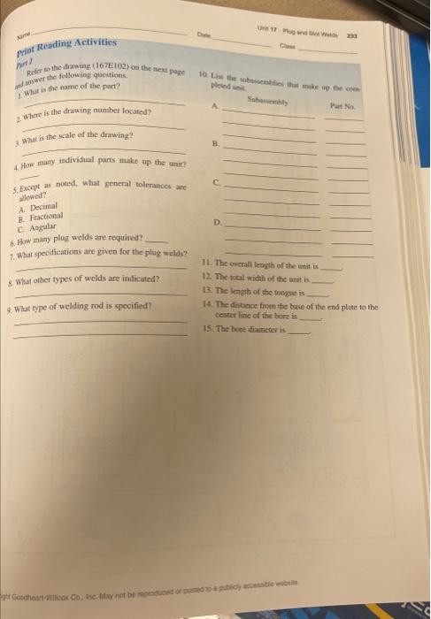 Name Print Reading Activities Part 1 Refer To The Drawing 167e102 On The Next Page And Answer The Following Questions 1