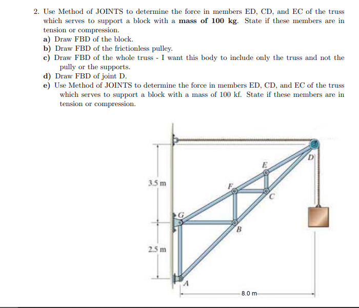 2 Use Method Of Joints To Determine The Force In Members Ed Cd And Ec Of The Truss Which Serves To Support A Block Wi 1