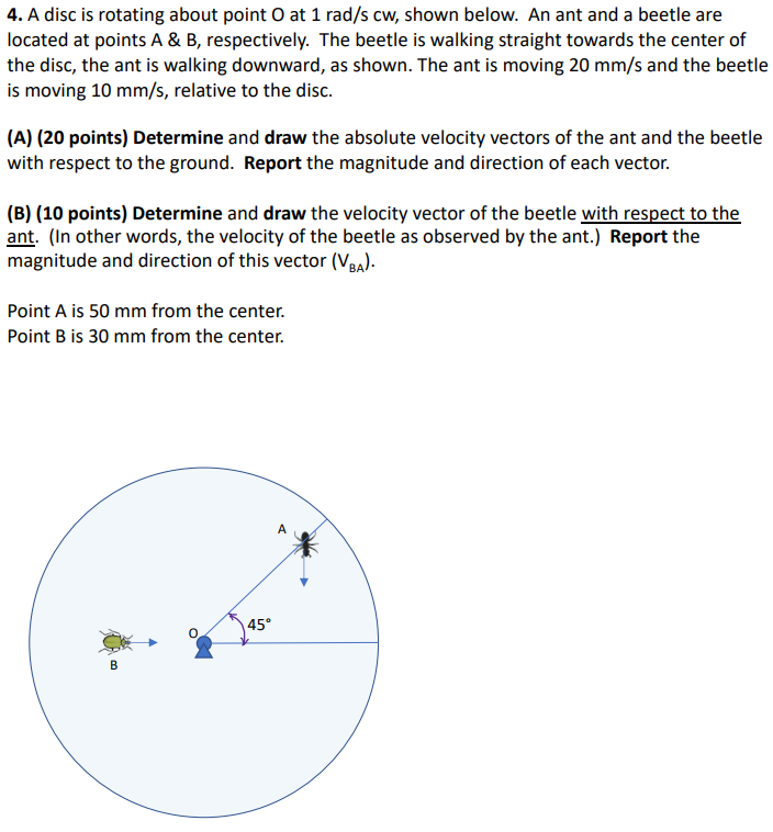 4 A Disc Is Rotating About Point O At 1 Rad S Cw Shown Below An Ant And A Beetle Are Located At Points A B Respect 1