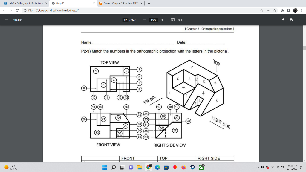 Lab 2 Orthographic Projections X C File C Users Andre Downloads File Pdf File Pdf File Pdf 72 F Sunny X Name C Sol 1