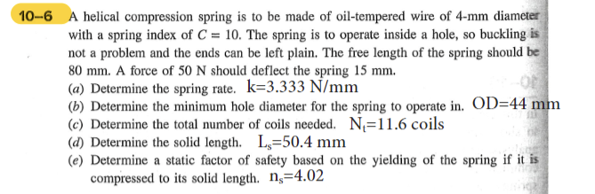 10 6 A Helical Compression Spring Is To Be Made Of Oil Tempered Wire Of 4 Mm Diameter With A Spring Index Of C 10 The 1
