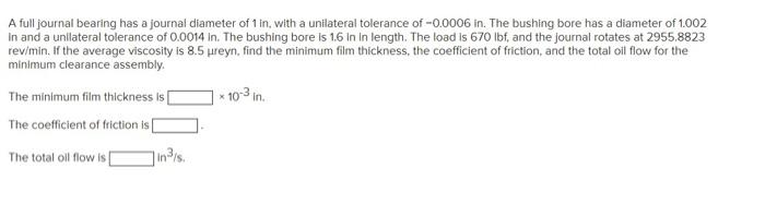 A Full Journal Bearing Has A Journal Diameter Of 1 In With A Unilateral Tolerance Of 0 0006 In The Bushing Bore Has A 1