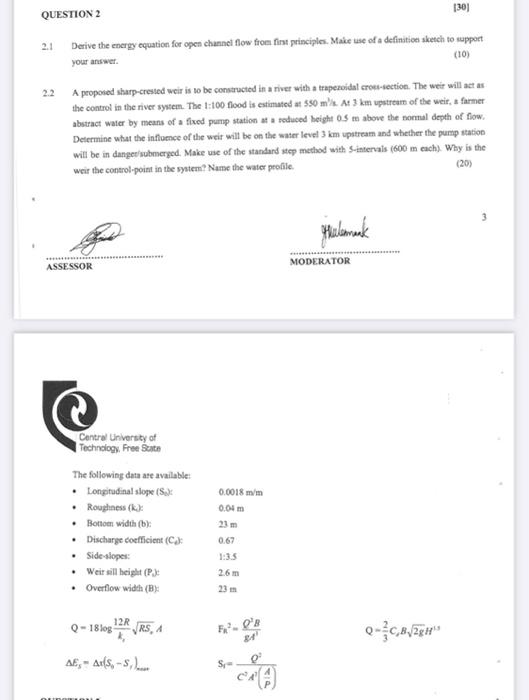 Question 2 2 1 Derive The Energy Equation For Open Channel Flow From First Principles Make Use Of A Definition Sketch T 1