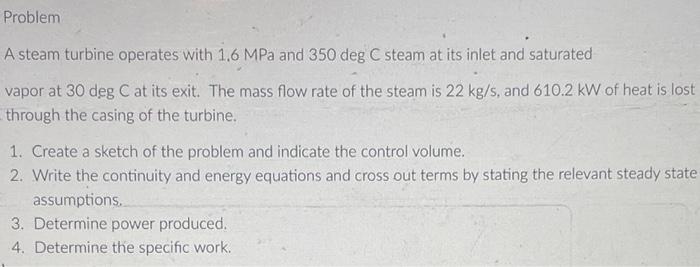 Problem A Steam Turbine Operates With 1 6 Mpa And 350 Deg C Steam At Its Inlet And Saturated Vapor At 30 Deg C At Its Ex 1