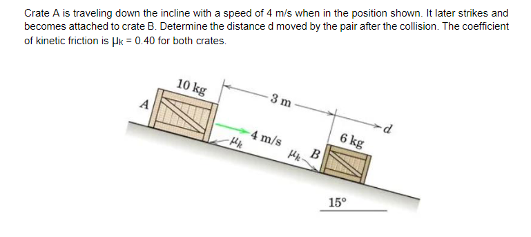 Crate A Is Traveling Down The Incline With A Speed Of 4 M S When In The Position Shown It Later Strikes And Becomes Att 1