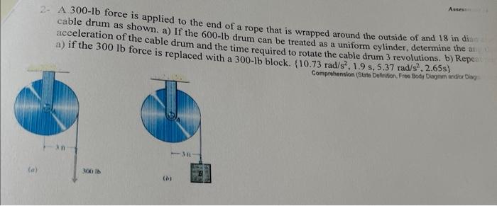 A 2 A 300 Lb Force Is Applied To The End Of A Rope That Is Wrapped Around The Outside Of And 18 In Dian Cable Drum As 1