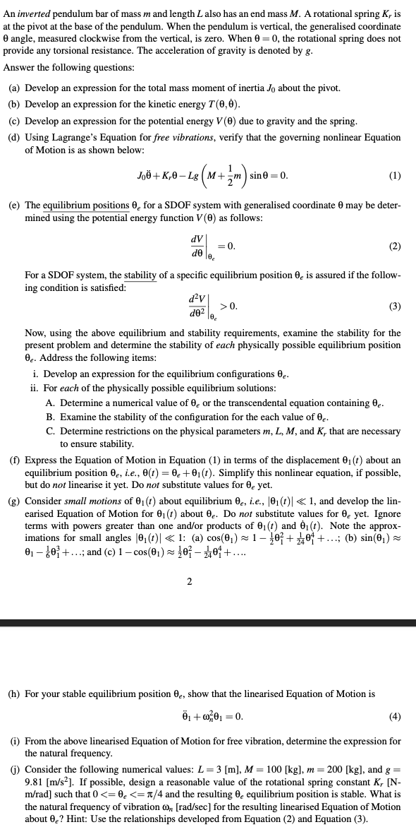 An Inverted Pendulum Bar Of Mass M And Length L Also Has An End Mass M A Rotational Spring K Is At The Pivot At The Ba 1