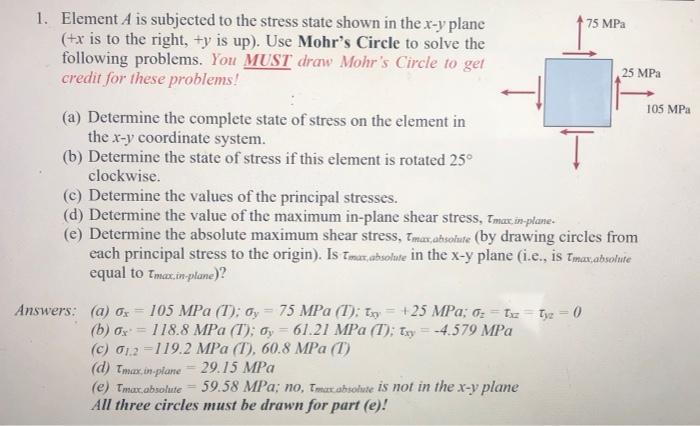 1 Element A Is Subjected To The Stress State Shown In The X Y Plane X Is To The Right Y Is Up Use Mohr S Circle T 1