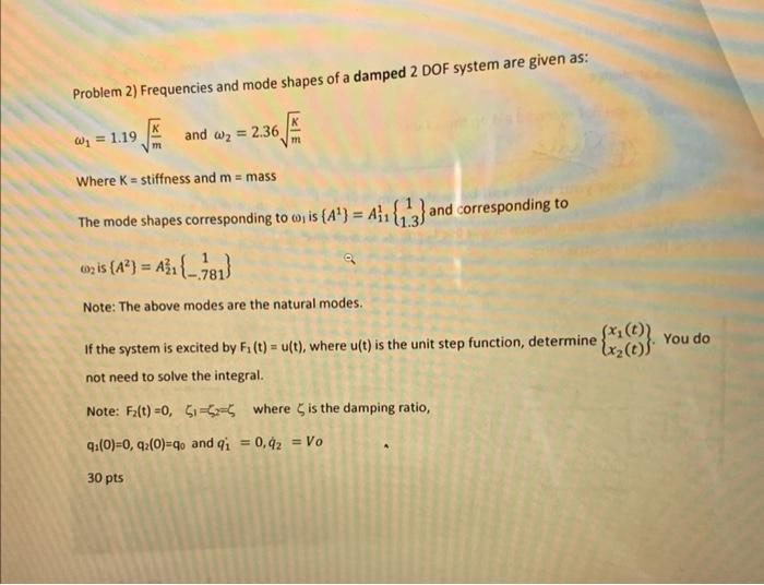 Problem 2 Frequencies And Mode Shapes Of A Damped 2 Dof System Are Given As E M Where K Stiffness And M Mass The 1