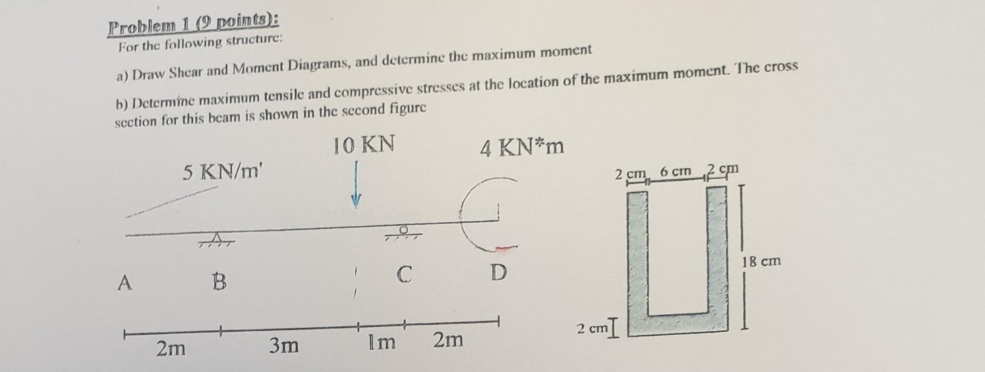 Problem 1 2 Points For The Following Structure A Draw Shear And Moment Diagrams And Determine The Maximum Moment B 1