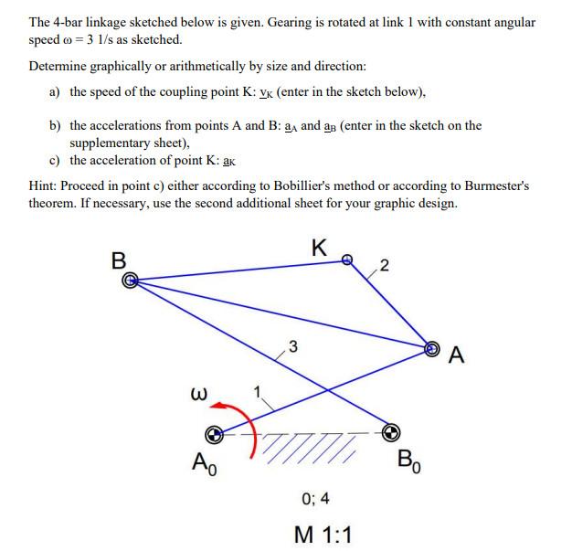 The 4 Bar Linkage Sketched Below Is Given Gearing Is Rotated At Link 1 With Constant Angular Speed 3 1 S As Sketched 1