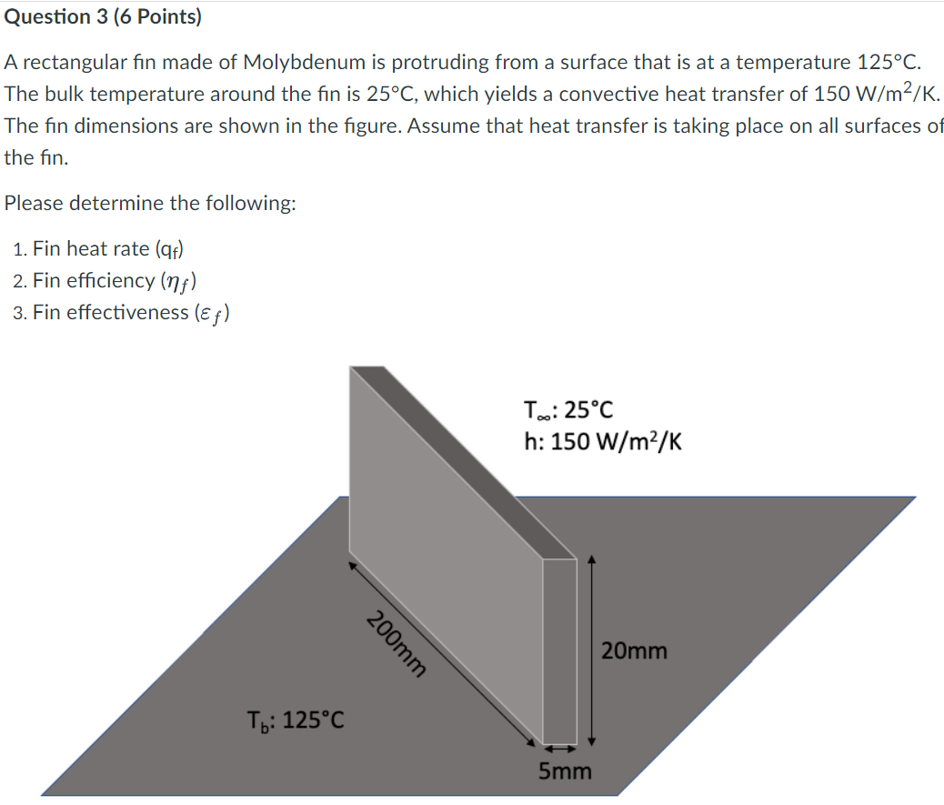 Question 3 6 Points A Rectangular Fin Made Of Molybdenum Is Protruding From A Surface That Is At A Temperature 125 C 1