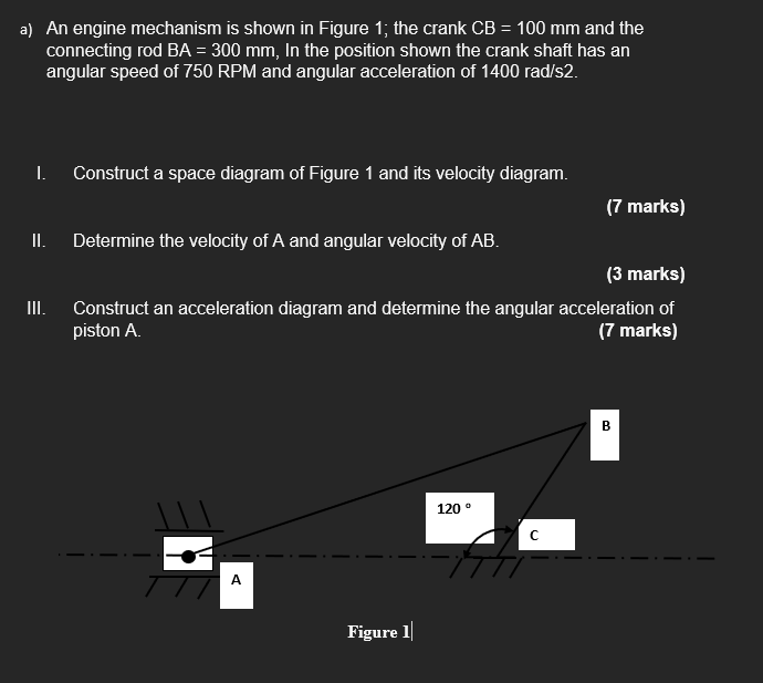 A An Engine Mechanism Is Shown In Figure 1 The Crank Cb 100 Mm And The Connecting Rod Ba 300 Mm In The Position S 1