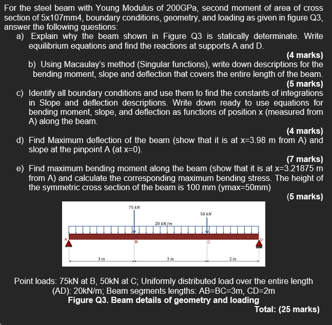 For The Steel Beam With Young Modulus Of 200gpa Second Moment Of Area Of Cross Section Of 5x107mm4 Boundary Conditions 1