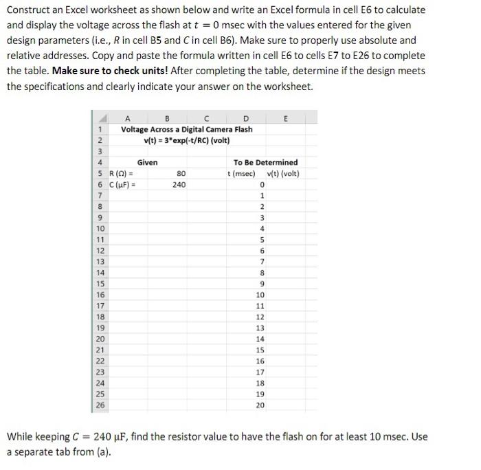 Construct An Excel Worksheet As Shown Below And Write An Excel Formula In Cell E6 To Calculate And Display The Voltage A 1