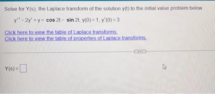 Solve For Y S The Laplace Transform Of The Solution Y T To The Initial Value Problem Below Y 2y Y Cos 2t S 1
