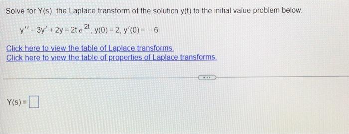 Solve For Y S The Laplace Transform Of The Solution Y T To The Initial Value Problem Below Y 3y 2y 2te2ty 0 1