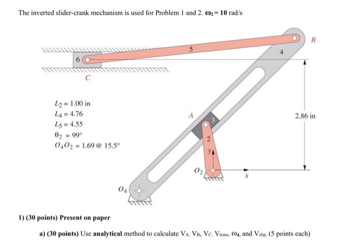 The Inverted Slider Crank Mechanism Is Used For Problem 1 And 2 00 10 Rad S L 1 00 In L4 4 76 Lg 4 55 02 0402 1 6 1