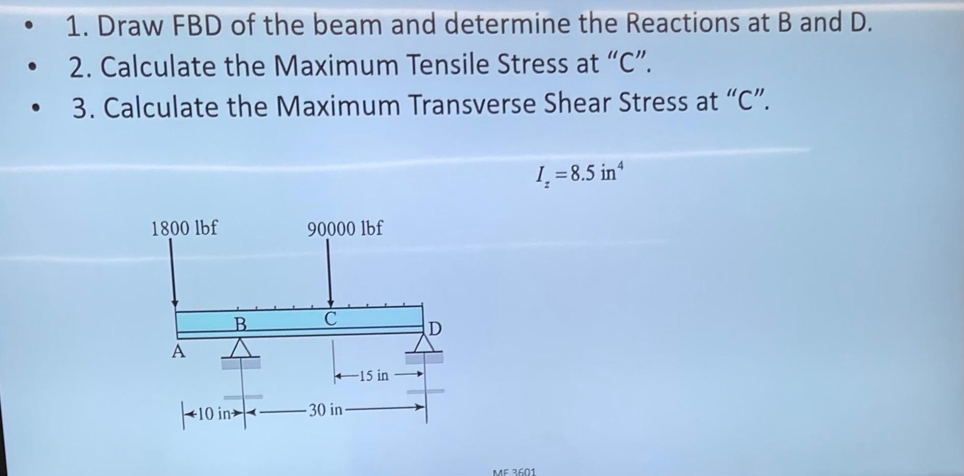 1 Draw Fbd Of The Beam And Determine The Reactions At B And D 2 Calculate The Maximum Tensile Stress At C 3 Calcu 1