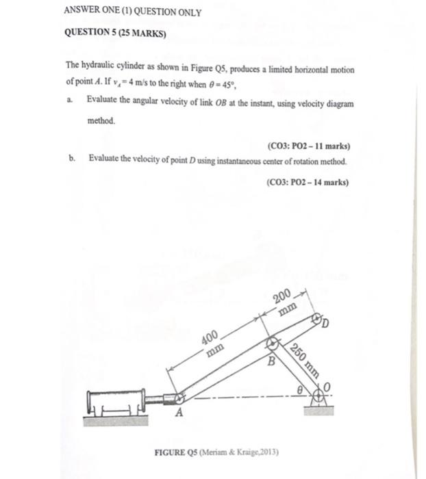 Answer One 1 Question Only Question 5 25 Marks The Hydraulic Cylinder As Shown In Figure Q5 Produces A Limited Hori 1