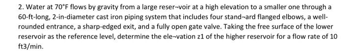 2 Water At 70 F Flows By Gravity From A Large Reser Voir At A High Elevation To A Smaller One Through A 60 Ft Long 2 I 1