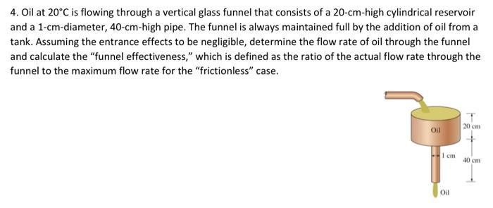 4 Oil At 20 C Is Flowing Through A Vertical Glass Funnel That Consists Of A 20 Cm High Cylindrical Reservoir And A 1 Cm 1