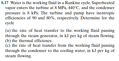 8 17 Water Is The Working Fluid In A Rankine Cycle Superheated Vapor Enters The Turbine At 8 Mpa 440 C And The Conden 1