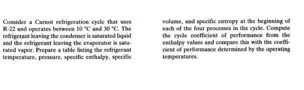 Consider A Carnot Refrigeration Cycle That Uses R 22 And Operates Between 10 C And 30 C The Refrigerant Leaving The C 1