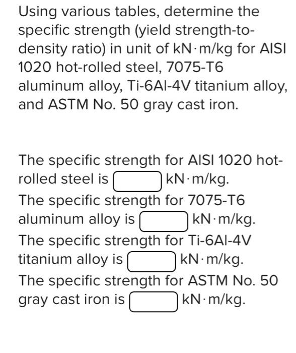 Using Various Tables Determine The Specific Strength Yield Strength Todensity Ratio In Unit Of Kn M Kg For Aisi 1020 1