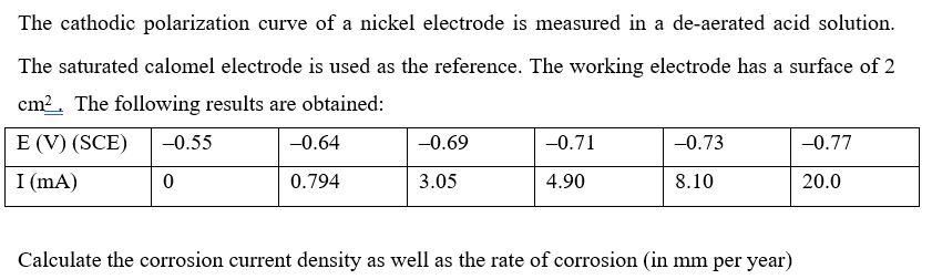 The Cathodic Polarization Curve Of A Nickel Electrode Is Measured In A De Aerated Acid Solution The Saturated Calomel E 1