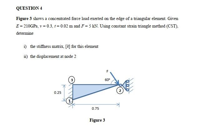 Figure 3 Shows A Concentrated Force Load Exerted On The Edge Of A Triangular Element Given E 210gpa V 0 3 T 0 02 M And 1